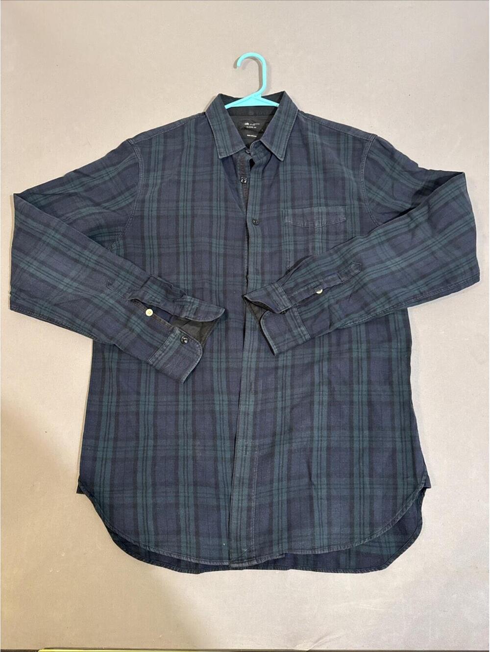 Rag & Bone Shirt Mens Large Blue Green Plaid Button Down Long Sleeve Casual